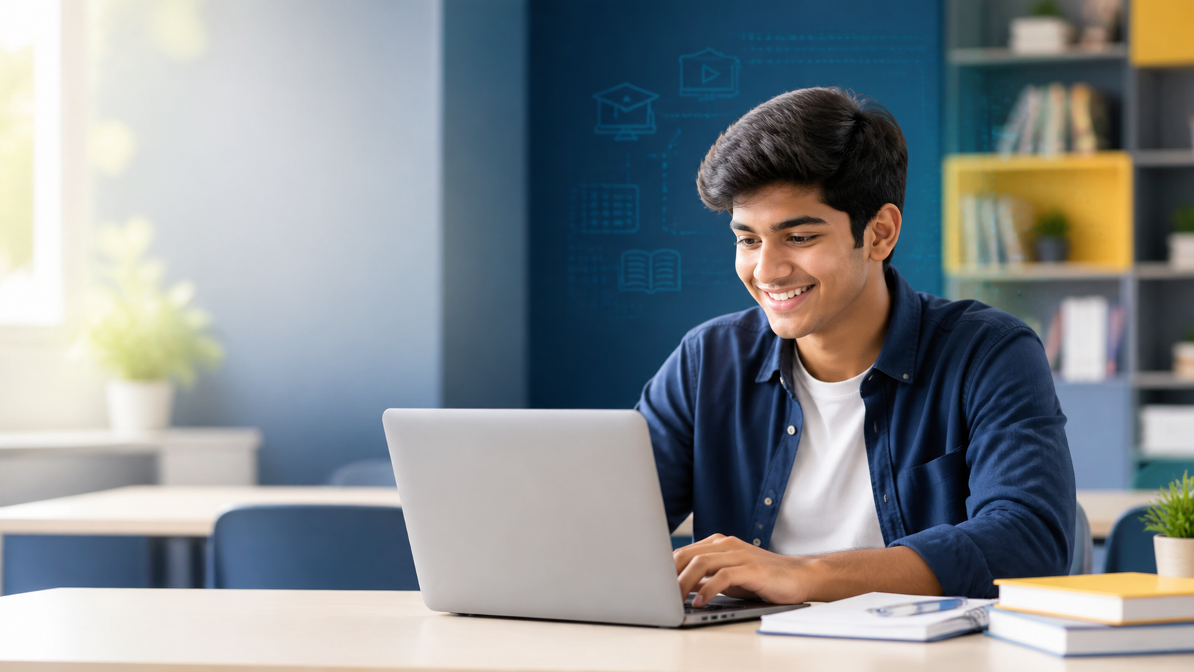 Student learning online with a laptop
